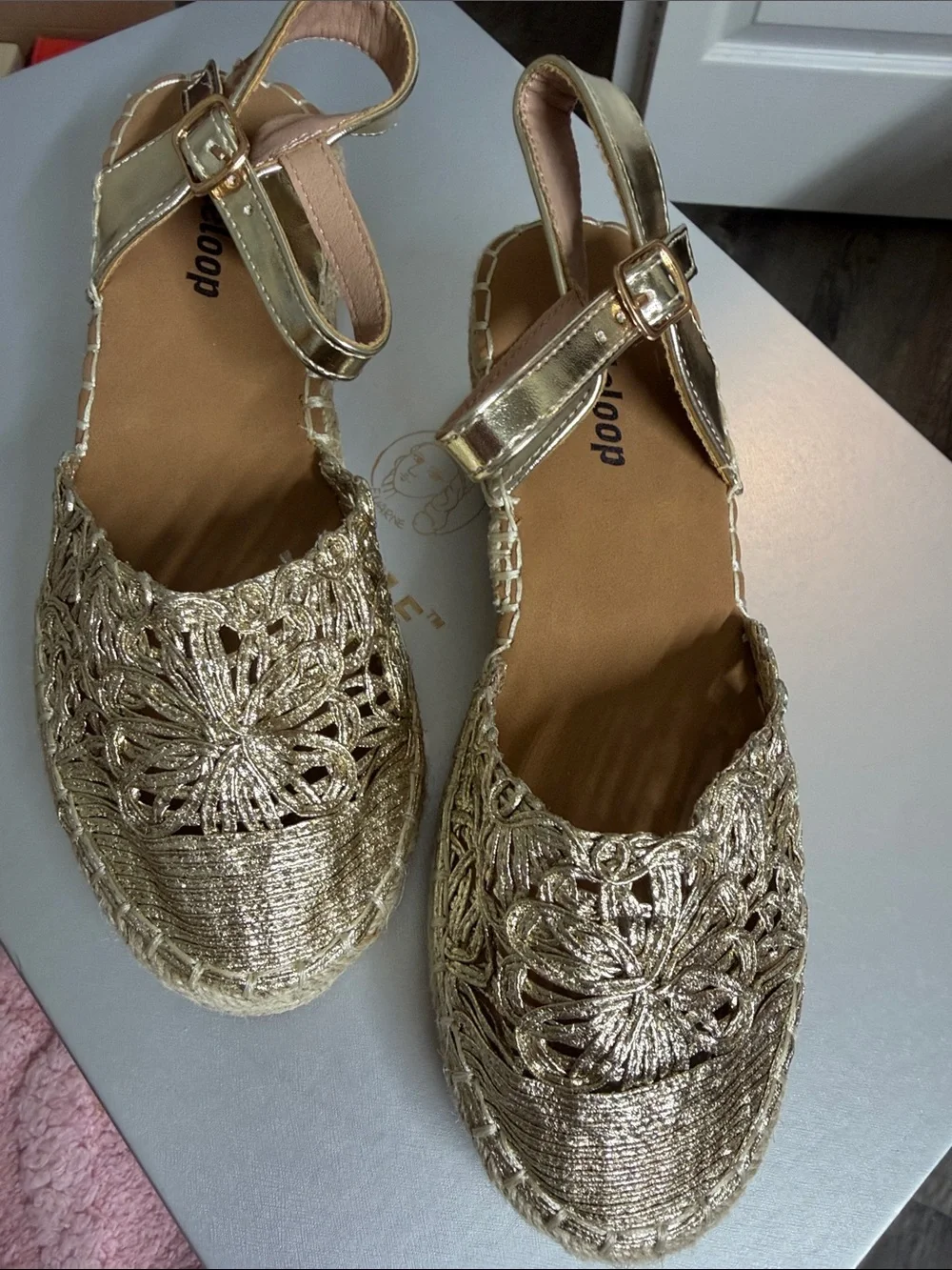 Metallic Gold Women’s Ankle-Strap Espadrille Flats